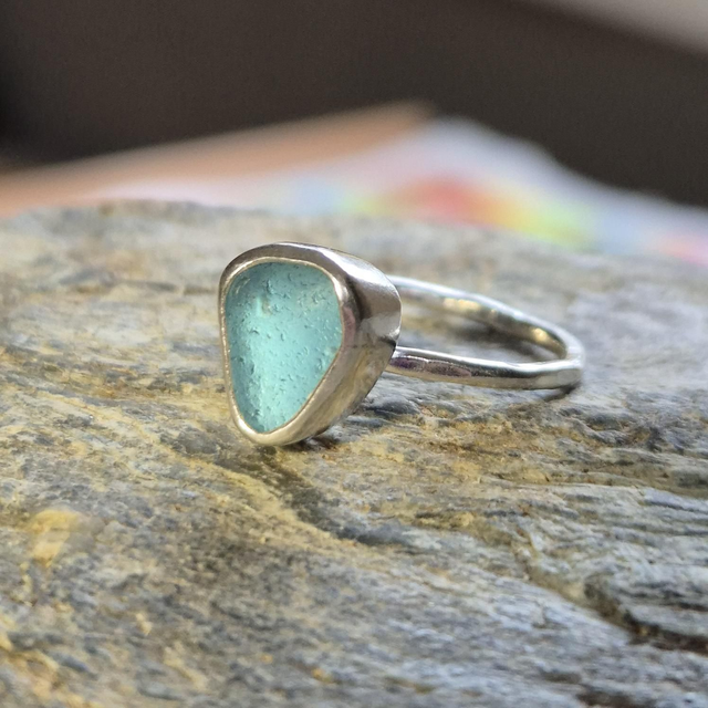 Size N Pale Aqua Sea Glass and Sterling Silver Ring 