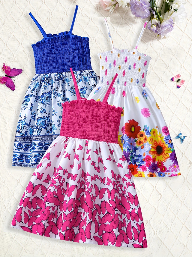 Girls, Set of 3 Dresses with Bow And Floral Print