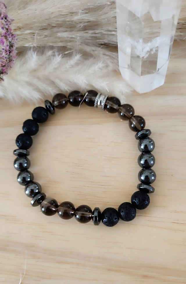 Bracelet "Confiance en soi" Quartz fumé, Hématite et Pierre de lave