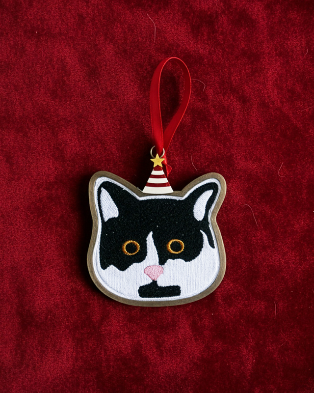 Tuxedo Cat Party Hat Embroidered Christmas Ornament