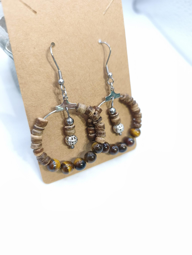 Boucles d'oreilles rondes bois et œil du tigre 