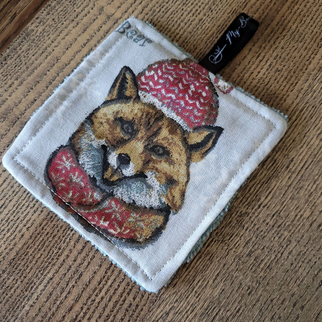 Coton lavable carré : Renard hiver, bleu