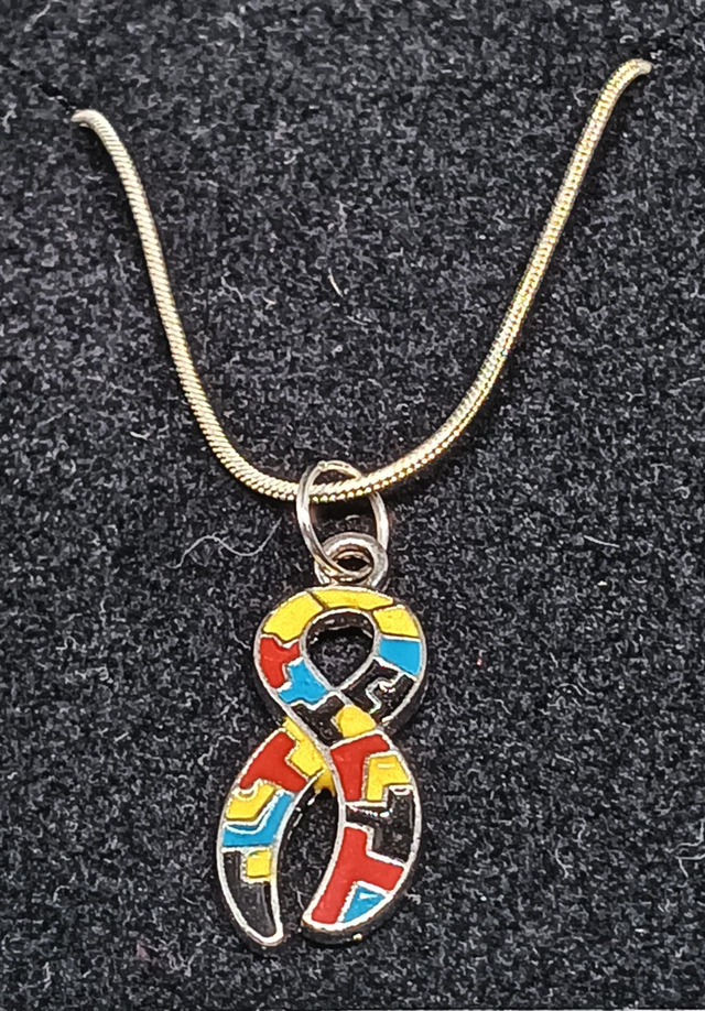 Enamel Autism Awareness Jigsaw Ribbon Pendant Necklace.