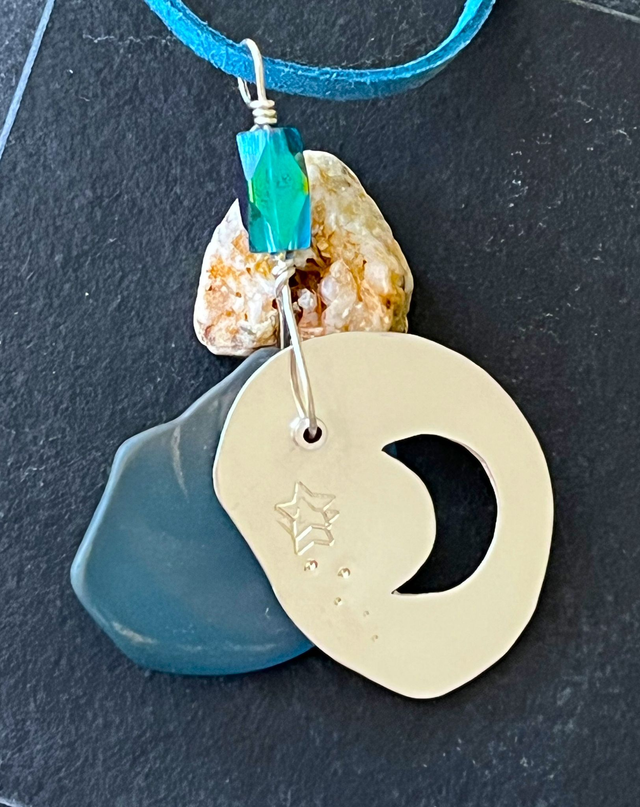 Kinetic Recycled Silver Moon, Star and Sky Blue Glass Pendant