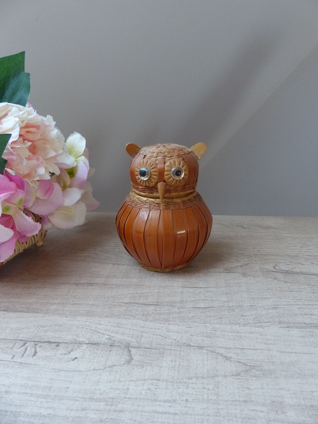 Petit Panier Boite Chouette Hibou en Bois et Osier fait Main Vintage 1970, Boite à bijoux, Boite à secrets, Décoration maison campagne boho