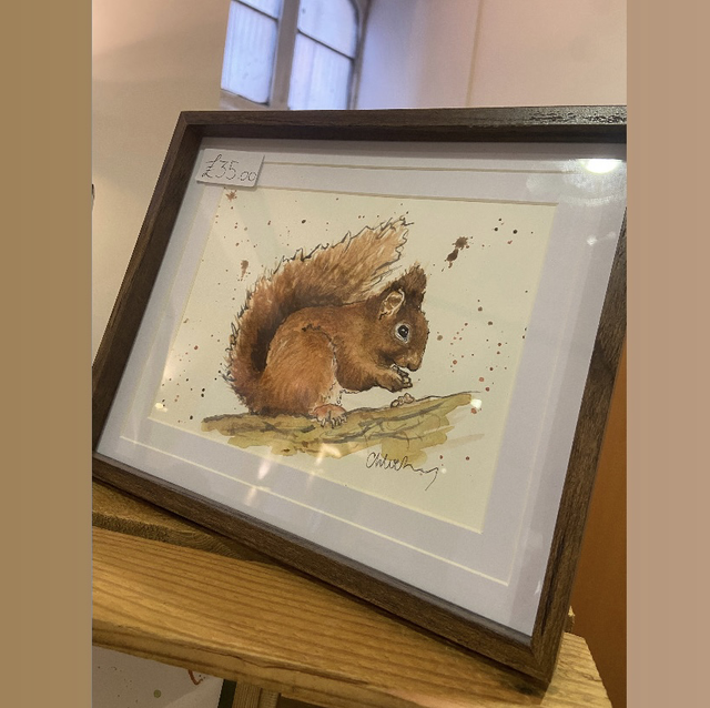 Original ‘Rufus’ the red squirrel A5 painting in dark wood frame 