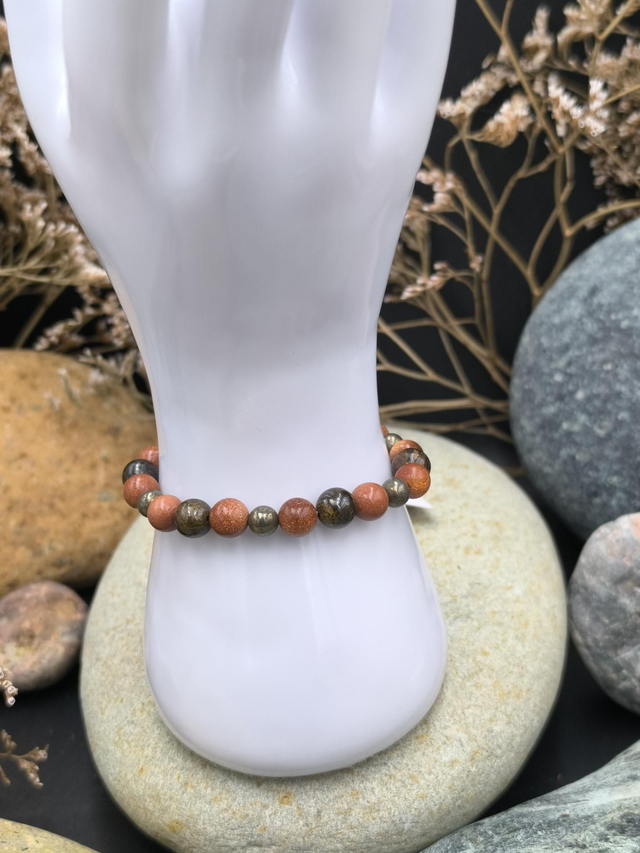 BP.032 bracelet pyrite, bronzite et pierre de synthèse