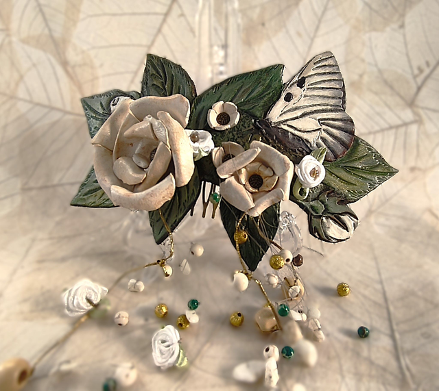 Peigne de mariage roses et papillon 3
