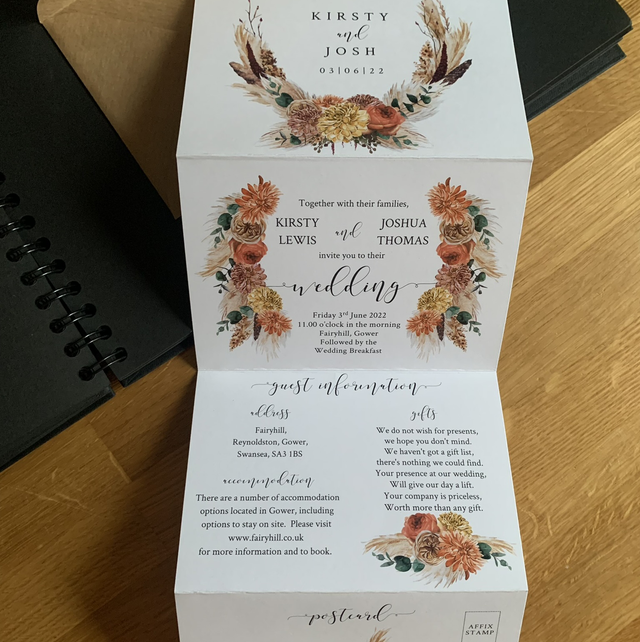 Pampas grass and burnt orange florals - concertina wedding invitations - including guest information &amp; tear off RSVP postcard