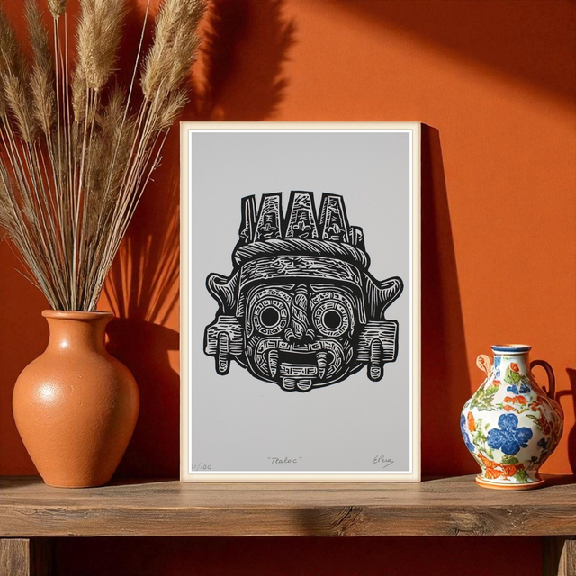Linogravure Œuvre Mexica &quot;Tlaloc&quot;