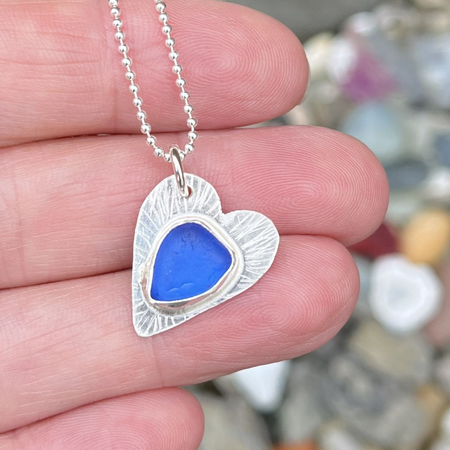 Blue Sea Glass, Heart Shaped Silver Necklace.