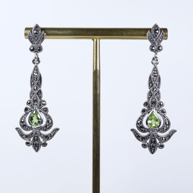 Art Nouveau Style Sterling Silver 925 Pear Cut Green Peridot Marcasite Gemstone August Birthstone Ornate Arrow Design Drop Earrings