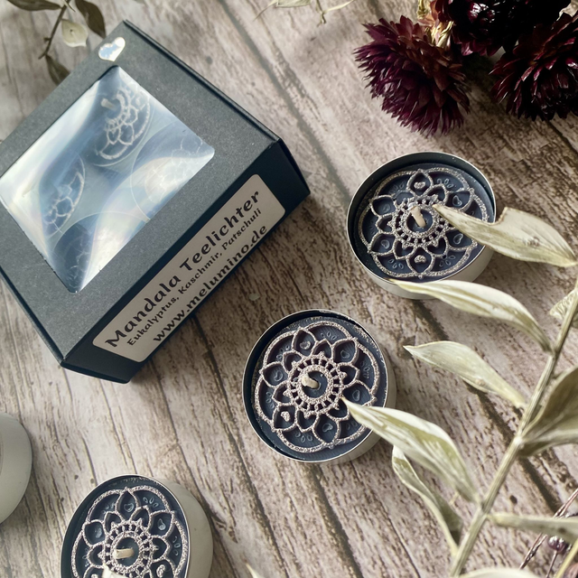 4er Geschenkset Mandala Teelichter mit Duft Eukalyptus, Kaschmir, Patschuli