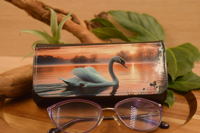 Spectacle Case Swan Lake Sunset Glasses Case – Elegant Golden &amp; Pink Waterscape Design 
