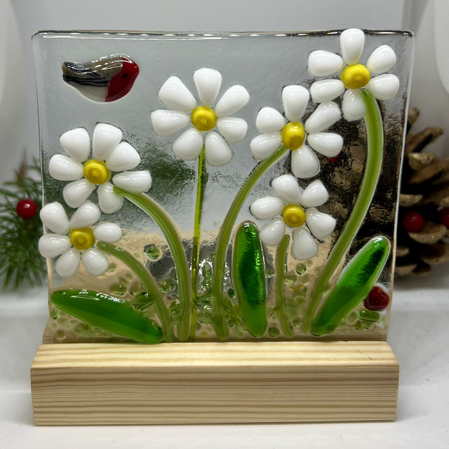 Daisy Fused Glass Tealight on Wooden Base