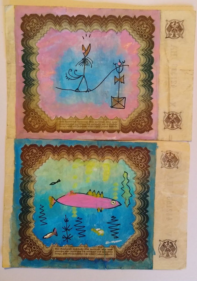 Paul Klee type painting on 1922 Deusch marks.