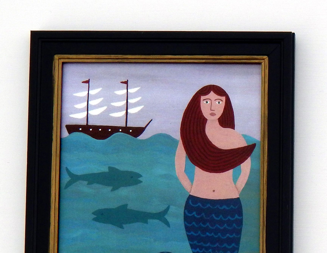 Framed Naive Mermaid Folklore Fine Art Print With Sailboat