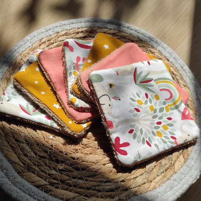 Lingettes lavables "Savane jaune/saumon"