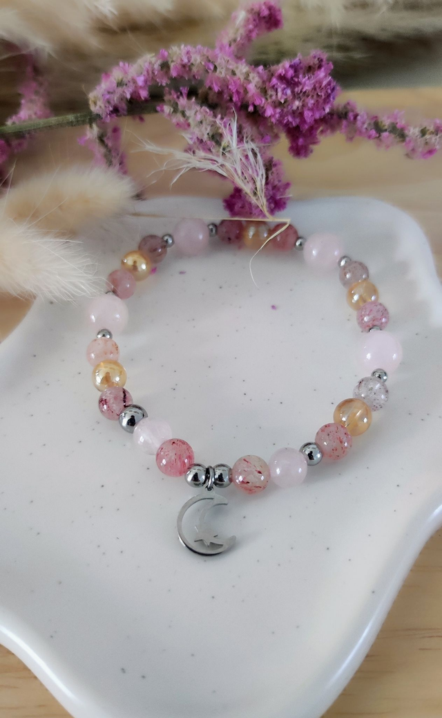 Bracelet "Épanouissement et Joie" Quartz fraise et Quartz rose