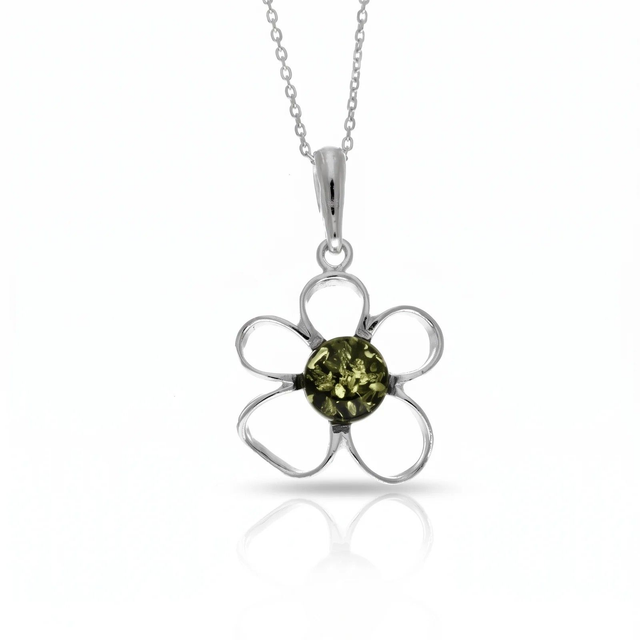 925 Sterling Silver &amp; Genuine Baltic Amber Flower Pendant – Green