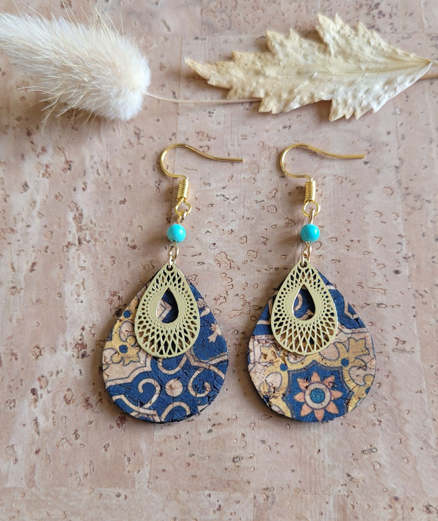 Boucles d'oreilles en liège et turquoise ༄