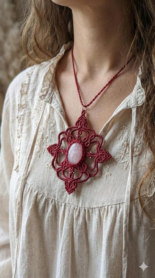 Colar em macramê com quartzo rosa