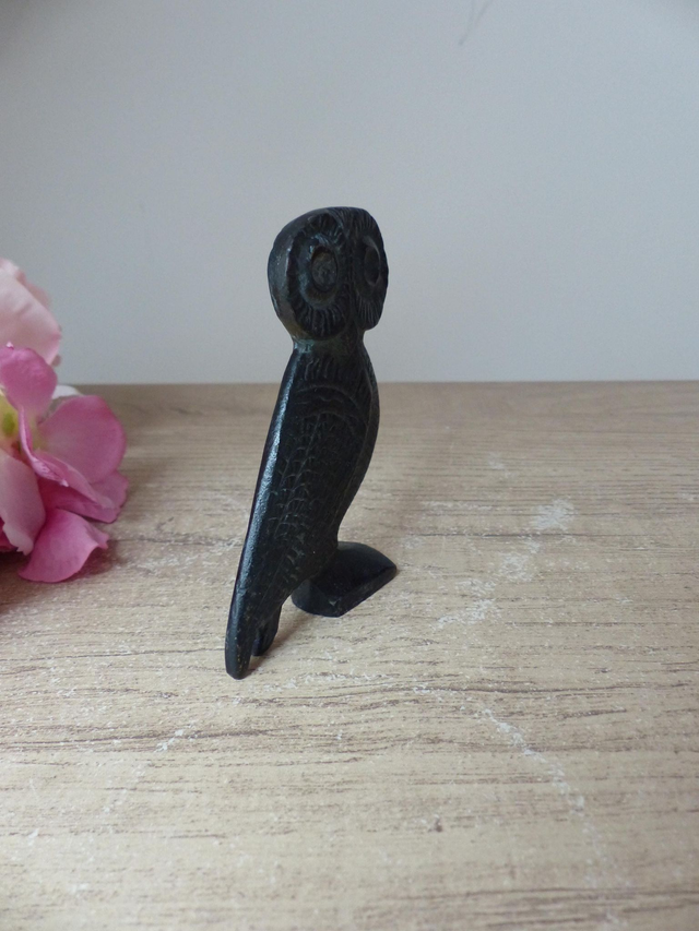 Statuette chouette en métal noir – sculpture vintage symbole de sagesse inspirée d’Athéna - décoration rétro pour bureau ou bibliothèque