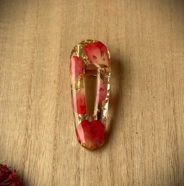 Barrette à cheveux - Pétales de rose et or (arrondie)