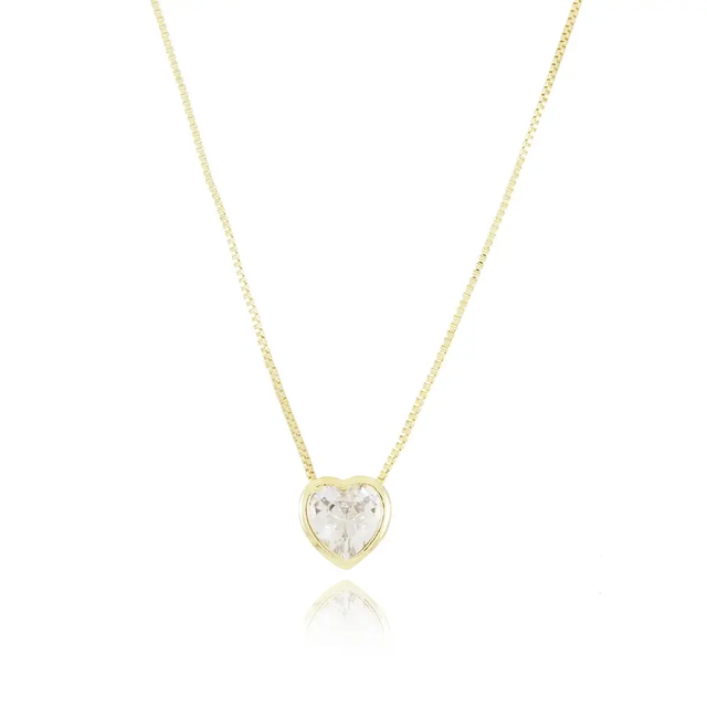 Colar Coração de Zircônia Cristal 40cm+5cm - Ouro