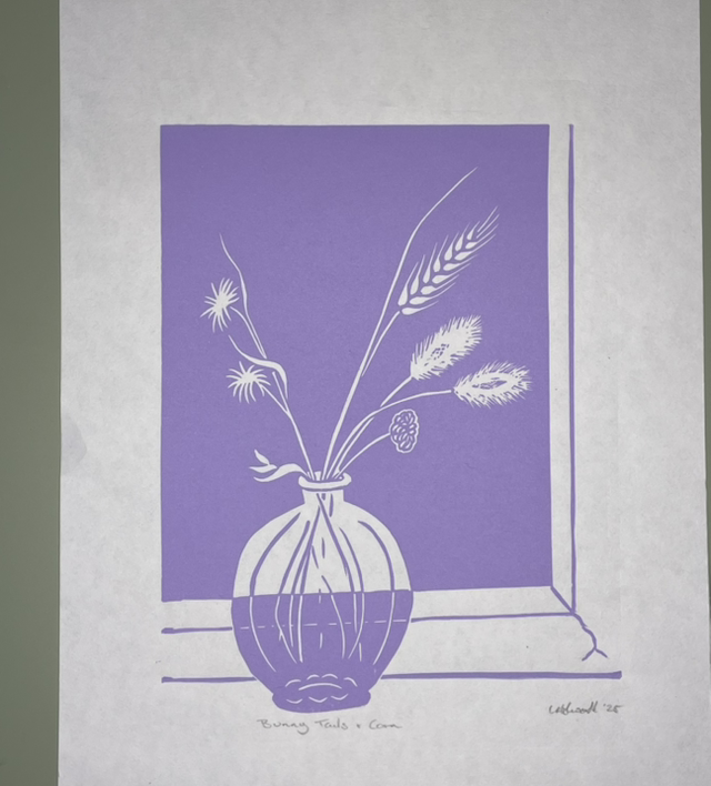 Bunny Tails and Corn, Lino print in Lilac