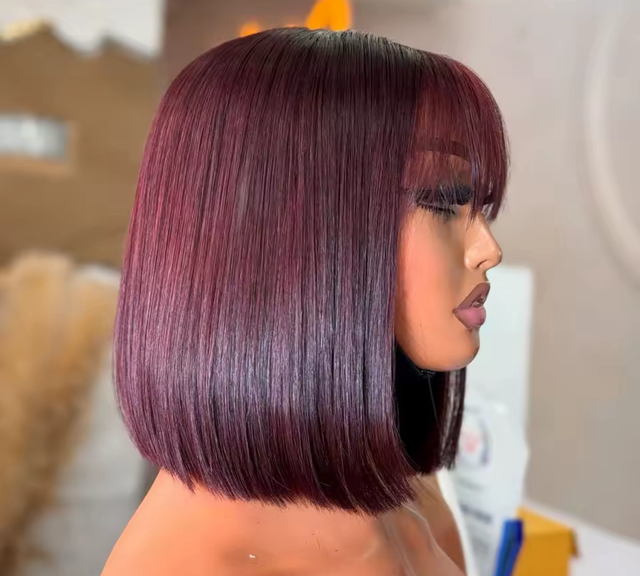 Perruque Bob Lisse avec Frange – Bordeaux