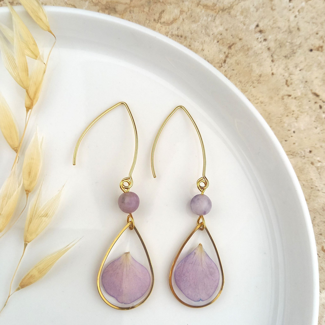 Boucles d'oreilles ∙ doré gouttes de fleurs et pierre naturelle