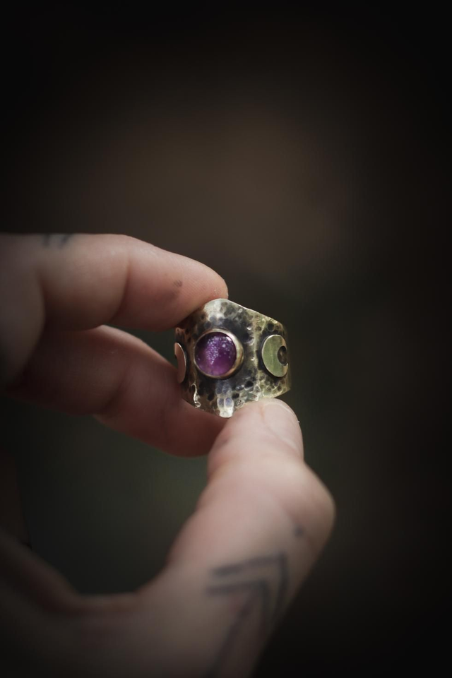 Lune - Bague triple lune & améthyste 