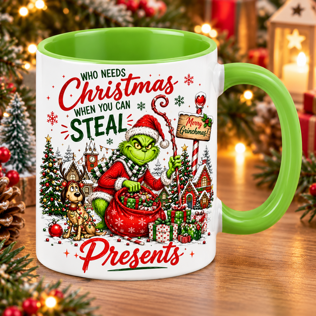 Grinch Christmas Mug – Green Handle 11oz Ceramic Mug – Merry Grinchmas Novelty Christmas Gift