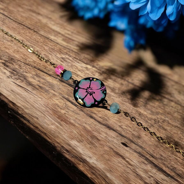 Bracelet dessiné Flora acier inoxydable rose bleu