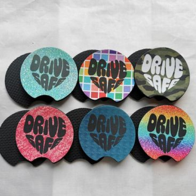 2 Pack Drive Safe Car Cup Holder Coasters - Universal Size - 6 Designs To Choose From
