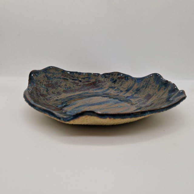 Geometric Stoneware Shallow Bowl | Blue White Brown