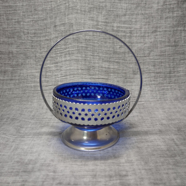 Bonbonschaaltje Jamschaaltje Suikerschaaltje | Kobaltblauw glazen schaaltje Verchroomd (diameter 10 | hoogte 15 | breedte 13 cm) | Vintage