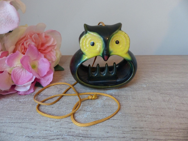 Cendrier Vintage Suspendu en Forme de Hibou - Céramique Émaillée Vert et Jaune - Années 1970 - Décoration Rétro pour Jardin, Balcon Cuisine