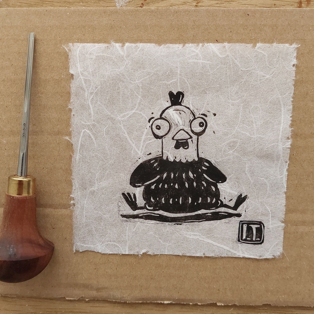 Quirky chicken - linocut - Handprinted chick