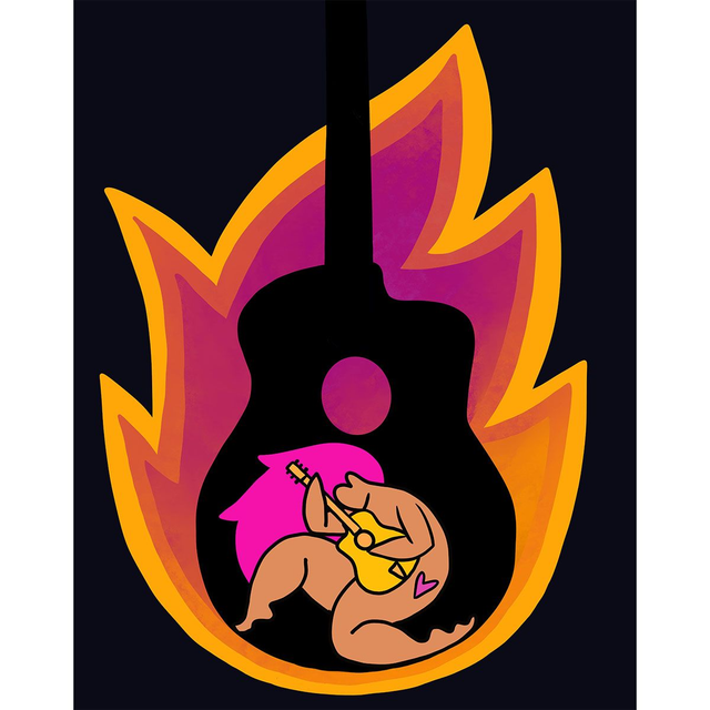 Furious guitar player orange flames glitter sticker