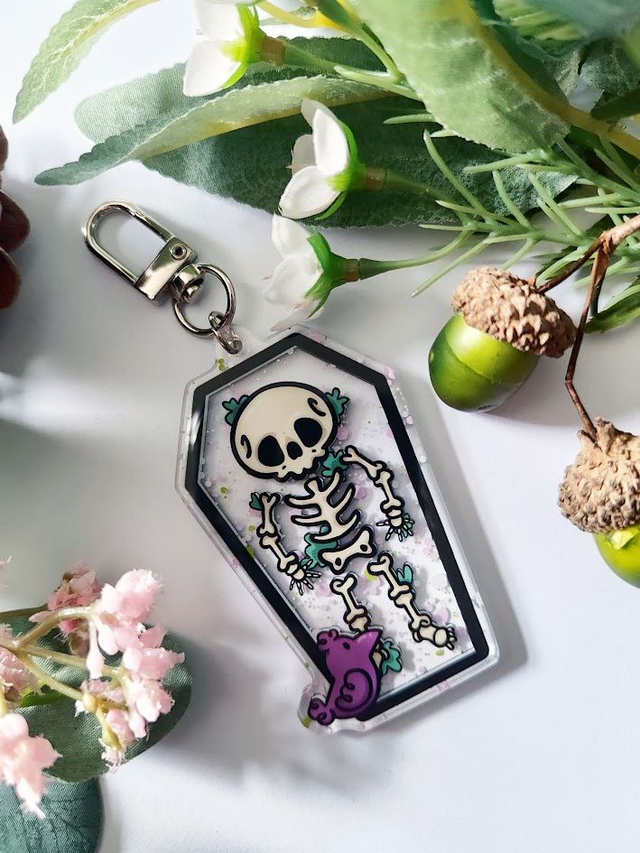 Skeleton and Crow Friend Coffin Shaped Keychain