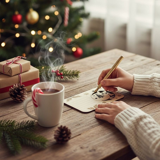 Carte postale avec boule de Noël en bois, gravée et personnalisée - décoration de sapin, déco Sapin design