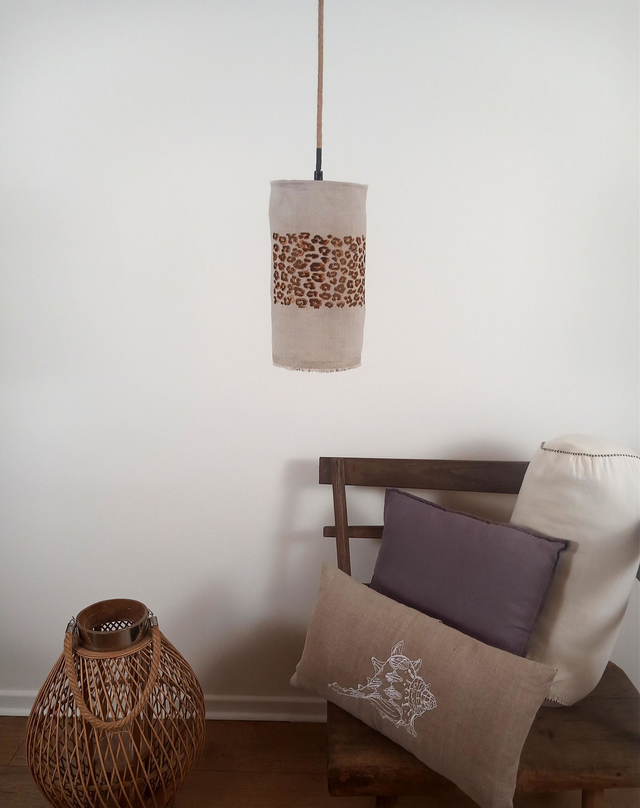 Abat-jour en lin naturel broderie imprimé léopard - suspension baladeuse Diamètre 15 cm