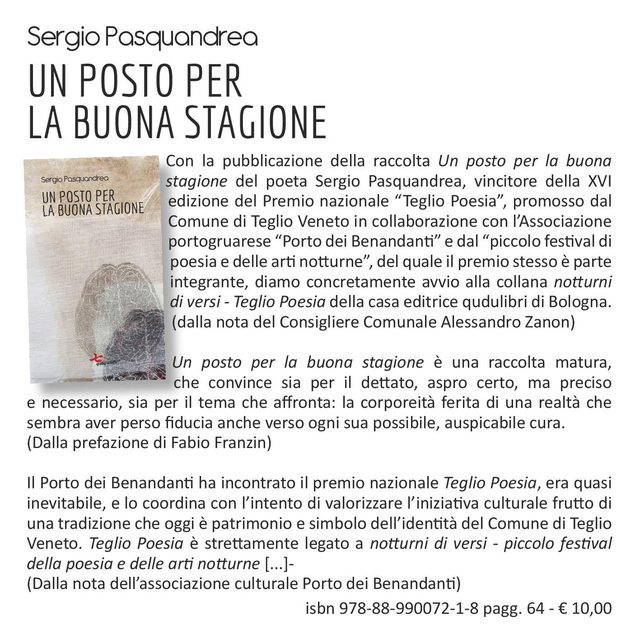 Sergio Pasquandrea, "Un posto per la buona stagione" qudulibri 2016