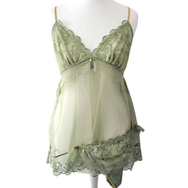 Sage green regal floral embroidered cami + underwear set 