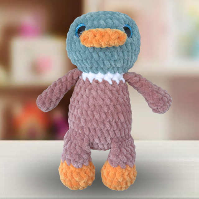 Crochet Chenille Mallard Duck Cuddle Buddy, Glitter Eyes, Ukca tested