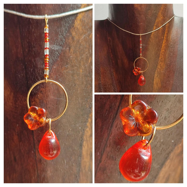 Collier fleur et goutte en verre transparent orange et brun, monté sur fil de lin réglable avec chaîne d&#039;extension en acier inoxydable doré -sans nickel, pièce unique 