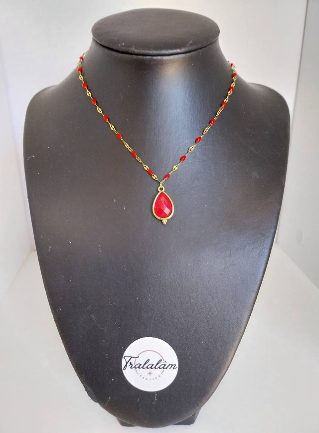 ✨Collier goutte rouge chaîne petites perles rouges émaillées✨
