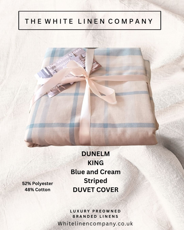 DUNELM - Blue and Cream Check Striped - KING - DUVET COVER - Polycotton